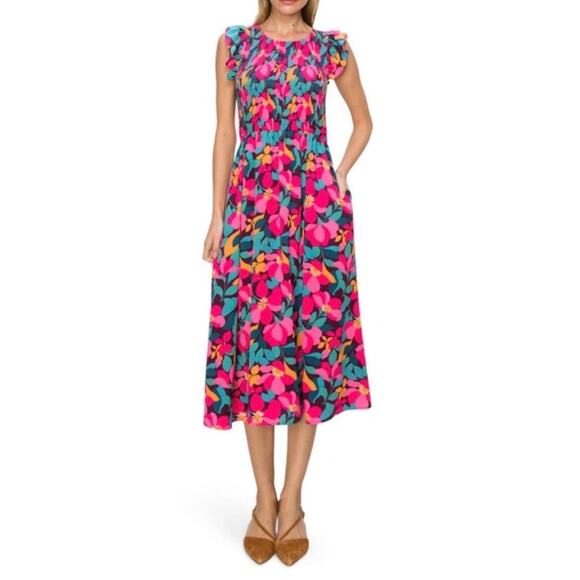 MELLODAY | Womens Colorful Midi Ruffled Tiered Smocked Bodice Dress Small Boho - Picture 3 of 15